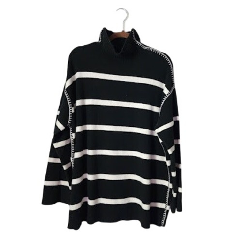 Alice + Olivia Bobbie Whipstitch Stripe Tunic Sweater Black Wool Cashmere L
